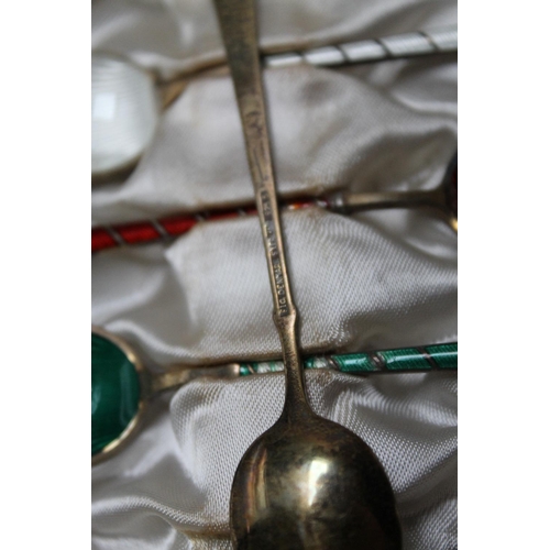 349 - A CASED SET OF SIX HARLEQUIN ENAMEL SILVER GILT COFFEE SPOONS, stamped 'ELa Denmark STERLING 925 S, ... 