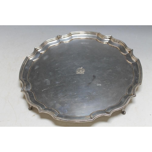 359 - A HALLMARKED SILVER SALVER BY ROBERTS & DORE LTD - SHEFFIELD 1945, with thistle crest to centre, app... 