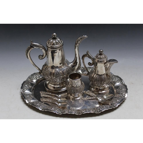 374 - A COLLECTION OF ARABIC 800 STAMPED SILVER TEAWARE, to include a serving tray and set of six teaspoon... 