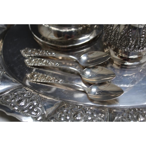 374 - A COLLECTION OF ARABIC 800 STAMPED SILVER TEAWARE, to include a serving tray and set of six teaspoon... 