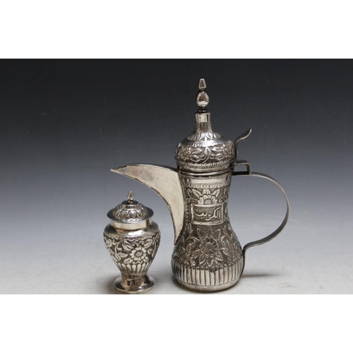 375 - AN ARABIC WHITE METAL COFFEE POT, together with matching pot and cover, approx combined weight 635g ... 