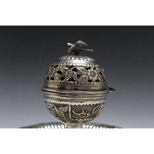 376 - AN ARABIC WHITE METAL OUD CENSOR, with bird finial, H 17 cm