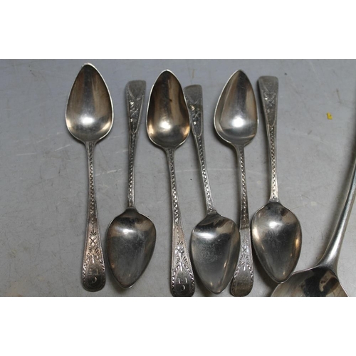 377 - A COLLECTION OF HALLMARKED SILVER FLATWARE, to include a set of six bright cut teaspoons by Peter An... 