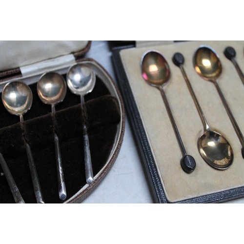 393 - A COLLECTION OF HALLMARKED SILVER, to include two cased sets of coffee spoons, cigarette box, two na... 