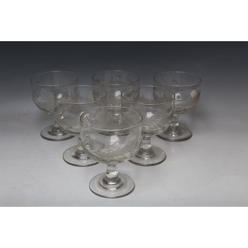 430 - A SET OF SIX EARLY 20TH CENTURY ETCHED GLASS GOBLETS, the over-sized bowls decorated with etched thi... 