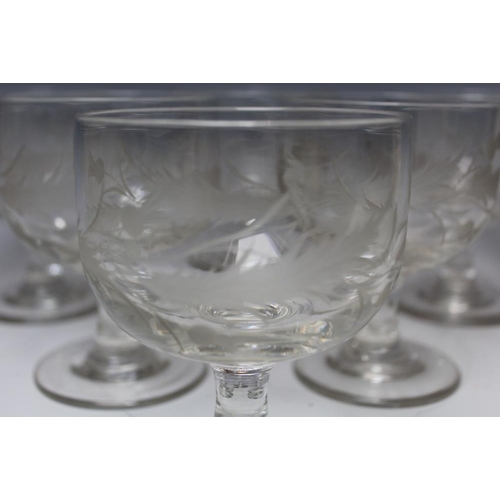 430 - A SET OF SIX EARLY 20TH CENTURY ETCHED GLASS GOBLETS, the over-sized bowls decorated with etched thi... 