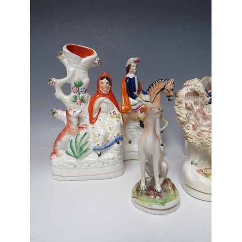 444 - A COLLECTION OF SEVEN 19TH CENTURY STAFFORDSHIRE POTTERY, to include a pair of equestrian flatbacks,... 