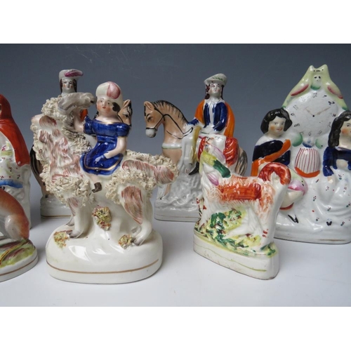 444 - A COLLECTION OF SEVEN 19TH CENTURY STAFFORDSHIRE POTTERY, to include a pair of equestrian flatbacks,... 