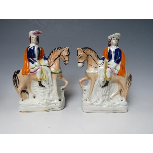 444 - A COLLECTION OF SEVEN 19TH CENTURY STAFFORDSHIRE POTTERY, to include a pair of equestrian flatbacks,... 