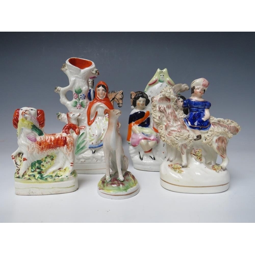 444 - A COLLECTION OF SEVEN 19TH CENTURY STAFFORDSHIRE POTTERY, to include a pair of equestrian flatbacks,... 