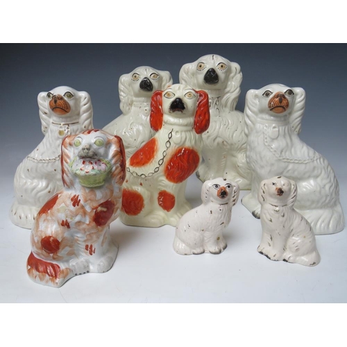 445 - A COLLECTION OF EIGHT ASSORTED STAFFORDSHIRE SEATED SPANIELS, to include a large pair, H 30.5 cm (8)