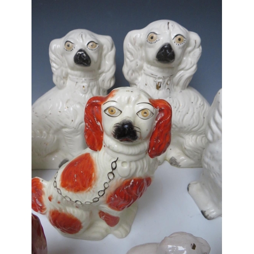 445 - A COLLECTION OF EIGHT ASSORTED STAFFORDSHIRE SEATED SPANIELS, to include a large pair, H 30.5 cm (8)