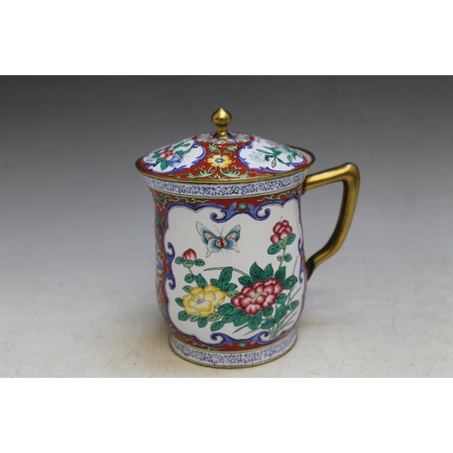 469 - AN ORIENTAL STYLE ENAMEL CUP AND COVER, H 14 cm