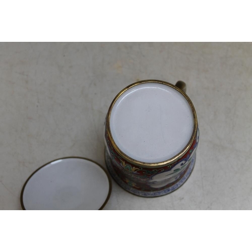 469 - AN ORIENTAL STYLE ENAMEL CUP AND COVER, H 14 cm