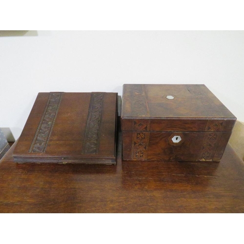 478 - A VICTORIAN WALNUT AND INLAID WRITING SLOPE, with a fitted interior, W 30.5 cm, together with a carv... 