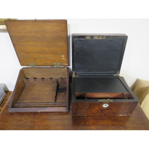 478 - A VICTORIAN WALNUT AND INLAID WRITING SLOPE, with a fitted interior, W 30.5 cm, together with a carv... 