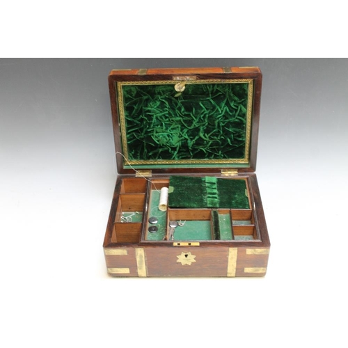 485 - A BRASS BOUND ANTIQUE SEWING BOX, W 30.5 cm