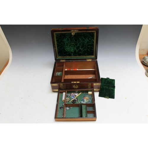 485 - A BRASS BOUND ANTIQUE SEWING BOX, W 30.5 cm