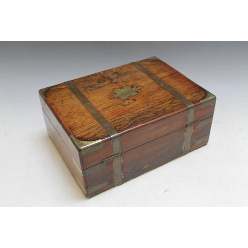 485 - A BRASS BOUND ANTIQUE SEWING BOX, W 30.5 cm