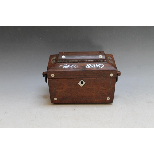 487 - A TREEN INLAID TWO SECTION TEA CADDY, W 23 cm