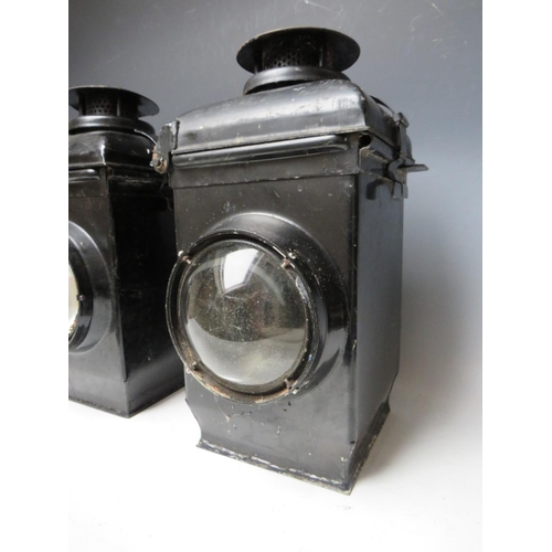 520 - A PAIR OF CAST IRON ADLAKE NON SWEATING LEVEL CROSSING RAILWAY LANTERNS, complete with burners, H 39... 