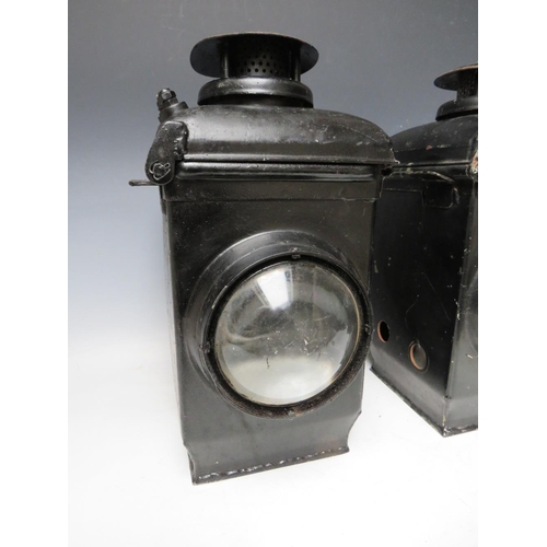 520 - A PAIR OF CAST IRON ADLAKE NON SWEATING LEVEL CROSSING RAILWAY LANTERNS, complete with burners, H 39... 