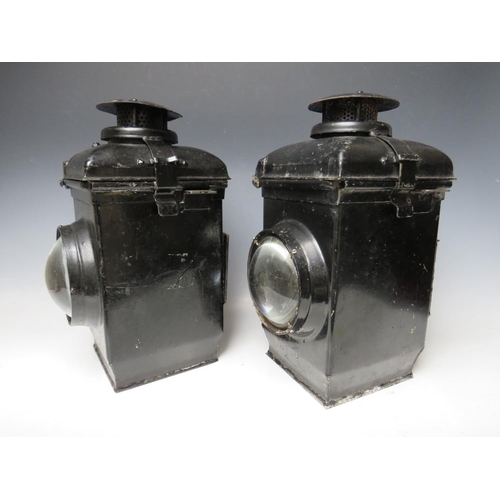 520 - A PAIR OF CAST IRON ADLAKE NON SWEATING LEVEL CROSSING RAILWAY LANTERNS, complete with burners, H 39... 