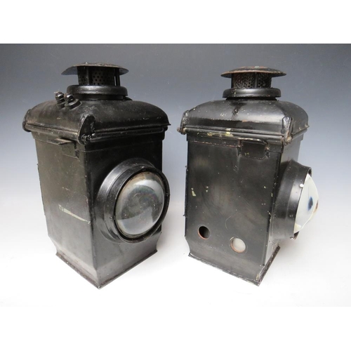 520 - A PAIR OF CAST IRON ADLAKE NON SWEATING LEVEL CROSSING RAILWAY LANTERNS, complete with burners, H 39... 