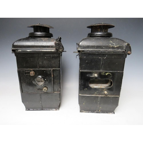 520 - A PAIR OF CAST IRON ADLAKE NON SWEATING LEVEL CROSSING RAILWAY LANTERNS, complete with burners, H 39... 