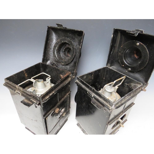 520 - A PAIR OF CAST IRON ADLAKE NON SWEATING LEVEL CROSSING RAILWAY LANTERNS, complete with burners, H 39... 