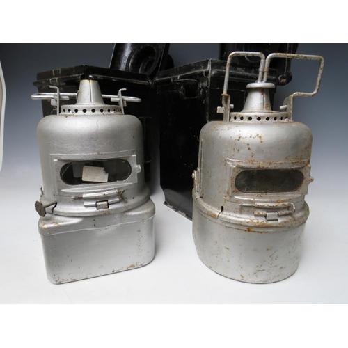 520 - A PAIR OF CAST IRON ADLAKE NON SWEATING LEVEL CROSSING RAILWAY LANTERNS, complete with burners, H 39... 