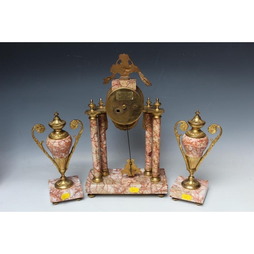 551 - A CONTINENTAL GILT PORTICO CLOCK GARNITURE, H 37 cm (3)