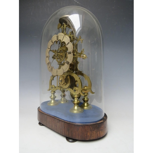 555 - A GOOD QUALITY BELL STRIKE SKELETON CLOCK WITH GLASS DOME, the hand cut brass frame having a silvere... 