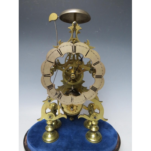 555 - A GOOD QUALITY BELL STRIKE SKELETON CLOCK WITH GLASS DOME, the hand cut brass frame having a silvere... 