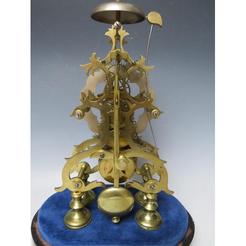 555 - A GOOD QUALITY BELL STRIKE SKELETON CLOCK WITH GLASS DOME, the hand cut brass frame having a silvere... 