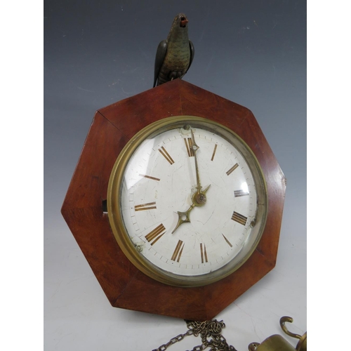 559 - A 19TH CENTURY 8 DAY CUCKOO CLOCK, with brass weights and pendulum, the mahogany octagonal case with... 