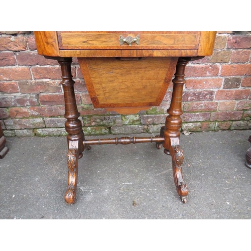 575 - A VICTORIAN WALNUT WORK TABLE, having a hinged top opening to a partially fitted interior above a si... 