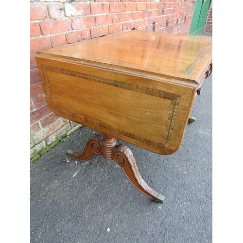 576 - A 19TH CENTURY SOFA TABLE, having inlaid rosewood crossbanding and brass detail, raised on carved an... 