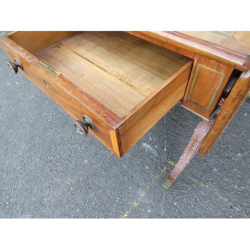 576 - A 19TH CENTURY SOFA TABLE, having inlaid rosewood crossbanding and brass detail, raised on carved an... 