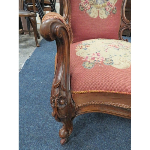 578 - A VICTORIAN MAHOGANY OPEN GENTLEMAN'S ARMCHAIR, with needlepoint detail