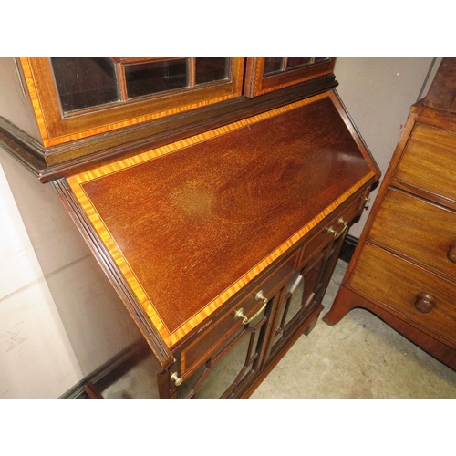 579 - AN EDWARDIAN MAHOGANY BUREAU BOOKCASE, with satinwood inlaid banding, H 201 cm, W 89 cm