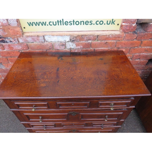 586 - AN ANTIQUE OAK CHEST OF FOUR DRAWERS IN THE JACOBEAN STYLE, each drawer with typical geometric mould... 