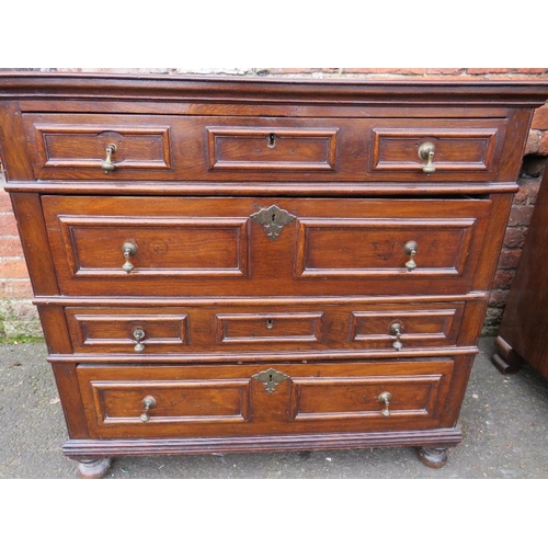 586 - AN ANTIQUE OAK CHEST OF FOUR DRAWERS IN THE JACOBEAN STYLE, each drawer with typical geometric mould... 