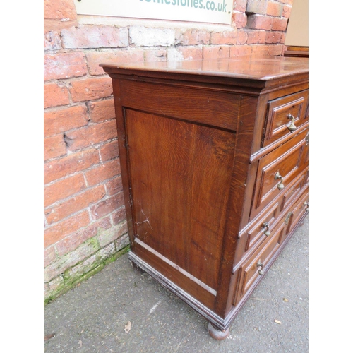 586 - AN ANTIQUE OAK CHEST OF FOUR DRAWERS IN THE JACOBEAN STYLE, each drawer with typical geometric mould... 