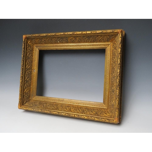 59 - A 19TH CENTURY GOLD FRAME WITH ACANTHUS LEAF DESIGN TO OUTER EDGE, frame W 8 cm, rebate 36 x 26 cm