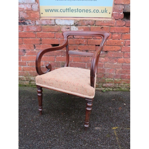 590 - A 19TH CENTURY MAHOGANY ARMCHAIR, with scrolled arms and turned front supports