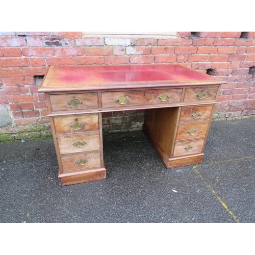 594 - A 19TH CENTURY MAHOGANY TWIN PEDESTAL DESK, with a red tooled leather writing surface, H 79 cm, W 12... 