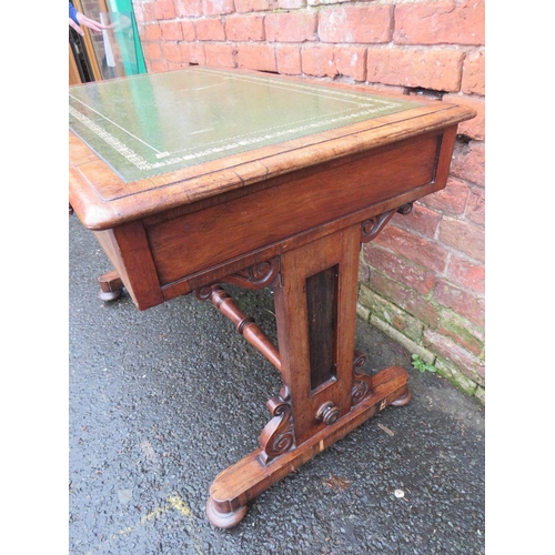 596 - A 19TH CENTURY ROSEWOOD WRITING LIBRARY TABLE OF SMALL PROPORTIONS, having inset green leather surfa... 