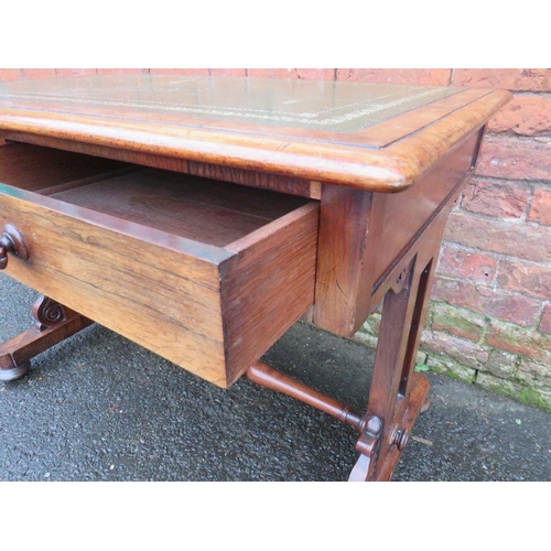 596 - A 19TH CENTURY ROSEWOOD WRITING LIBRARY TABLE OF SMALL PROPORTIONS, having inset green leather surfa... 