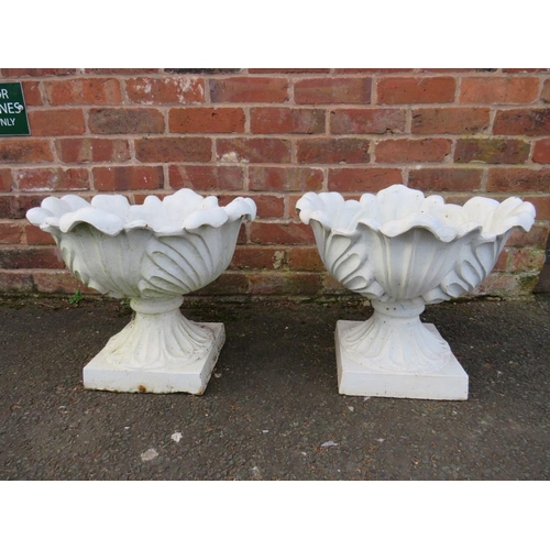 608 - A PAIR OF VINTAGE CAST IRON ACANTHUS URNS, painted white, H 40 cm, Dia. 47 cm